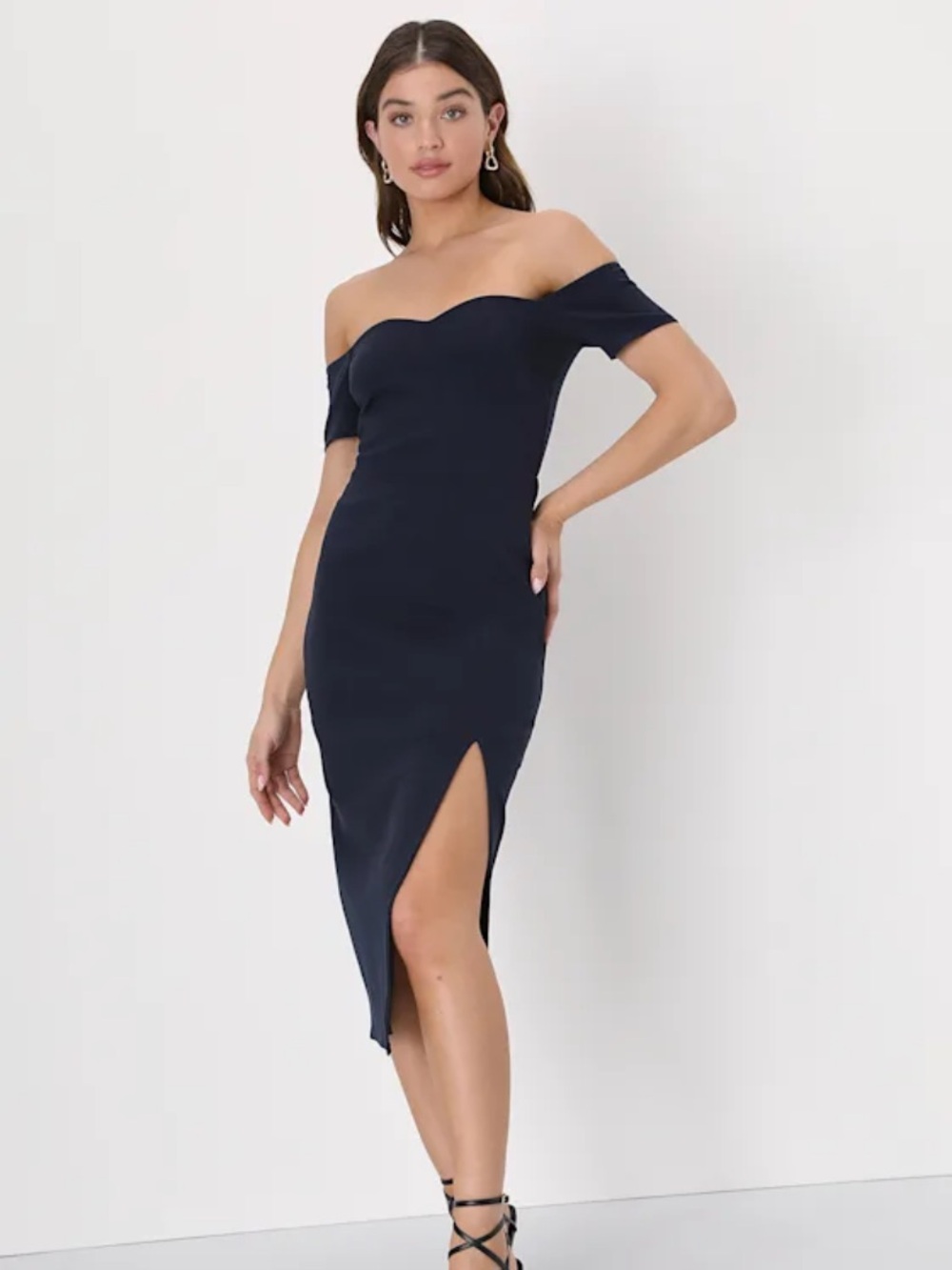 Lulus Precious Perfection Navy Blue Off-the-Shoulder Midi Dress